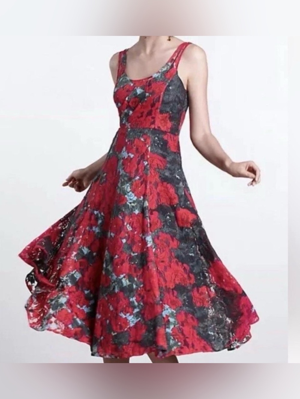 Floral Lace Fit-and-Flare Dress in Red and Black size 8 EUC